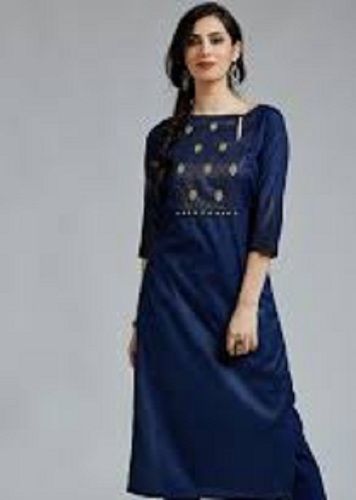 Ladies Casual 3/4Th Sleeves Round-Neck Navy Blue Printed Silk Long Kurti Decoration Material: Beads