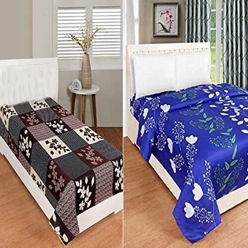 Washable Blue And Brown 100% Cotton Printed Single Bedsheets For Home, Hotel, Pack Of 2