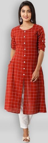 No Fade Womens Comfortable And Breathable With Round Neck Cotton Blend Red Checkered Kurti