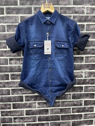 Designer Full Sleeve Blue Color Denim Shirt With Casual Pattern