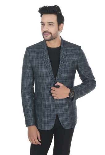 Dry Cleaning Mens Casual Wear Long Sleeves Notched Lapel Blue Checked Blazers With Button Closure