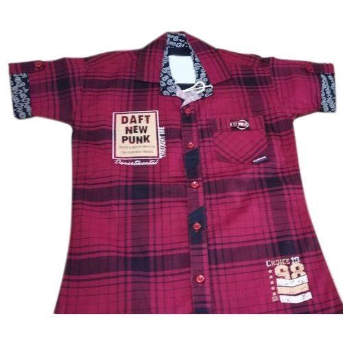 100% Cotton Collar Neck Short Sleeve Beautifully Printed In Checked Pattern Red Kid's Shirts