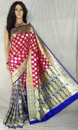 Rainy Blue And Pink Printed Party Wear Cotton Silk Banarasi Saree With Blouse Piece