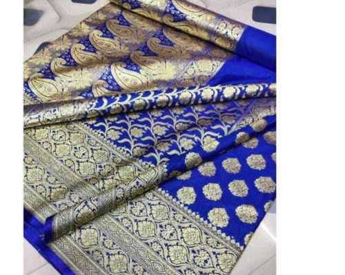 Dark Blue And Golden Printed Party Wear Cotton Silk Banarasi Saree 