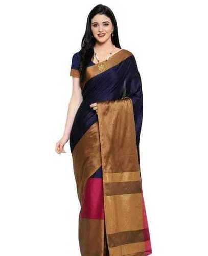 Summer Dark Blue And Pink Printed Party Wear Cotton Silk Banarasi Saree With Blouse