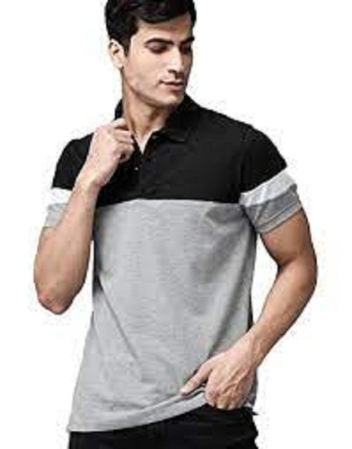 Mens 100% Cotton Black And Grey Half Sleeves Striped T-Shirts With Collar