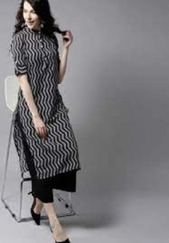 Women'S Fashionable Cotton Printed 3/4 Sleeve White And Black Straight Kurti Decoration Material: Beads