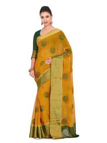 Summer Yellow And Green Printed Party Wear Cotton Silk Banarasi Saree With Blouse Piece