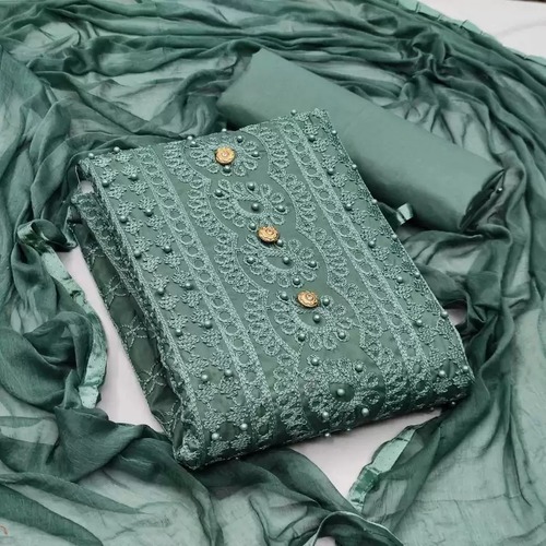 Breathable Dark Green Embroidered Cotton Polyester Unstitched Indian Suit For Ladies