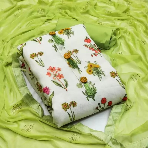 Green And White Printed Cotton Polyester Unstitched Indian Suit - Cotton Blend Unstitched Kurta with Attached Blouse and Churidaar Breathable Fabric for Casual Parties & Weddings