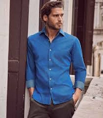Mens Full Sleeves Comfortable And Breathable Summer Wear Plain Blue Shirt