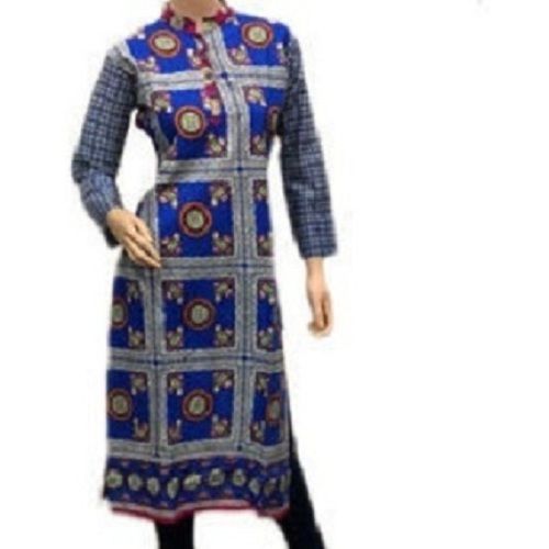 Silk Soft & Light-Weight Cotton Fabric Grey With Blue Straight Kurti Perfect For All Seasons