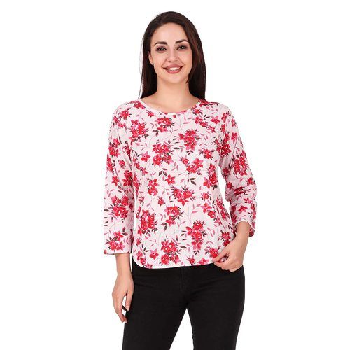 White And Pink Printed Casual Wear Cotton Tops For Ladies