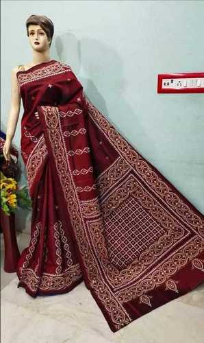 Designer Boutique Special Party Wear Maroon Kantha Stitch Sarees