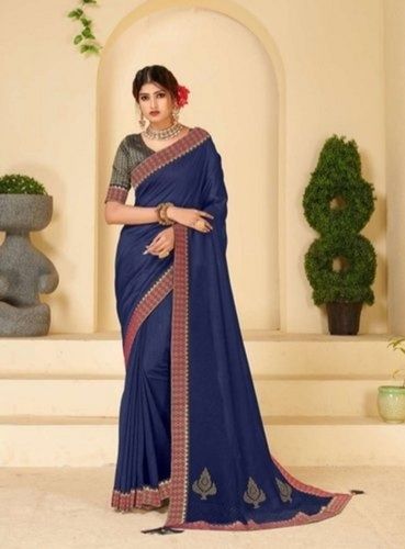 Silk Ladies Blue Color Designer Plain Saree For Weddings And Parties