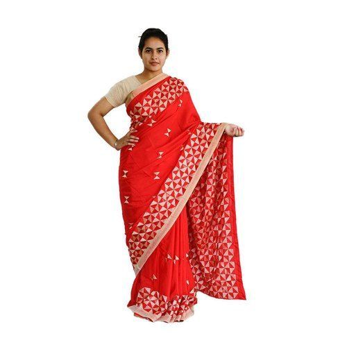 Chiffon Hand Embroidery Red Phulkari Ladies Saree