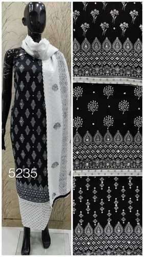 Indian Black And White Designer Embroidery Party Wear Cotton Unstitched Suit For Ladies 