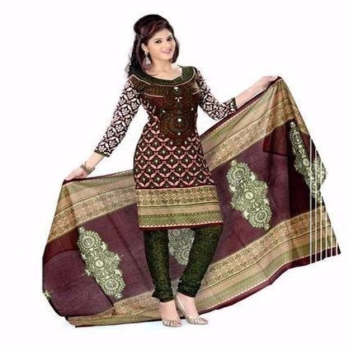 Maroon Women'S Regular Fit 3/4 Sleeves Round Neck Printed Multicolor Suit Salwar With Dupatta