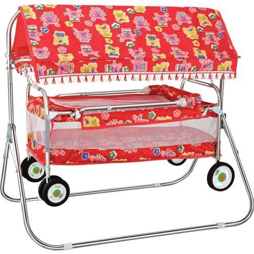 Beautiful Newborn Baby Red Folding Cradle With Four Wheelers And Mosquito Net