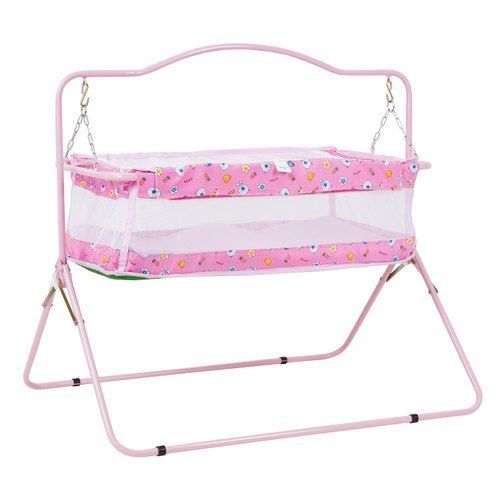 Iron Designer Newborn Pink Mini Folding Cradle With Mosquito Net And Four Wheelers