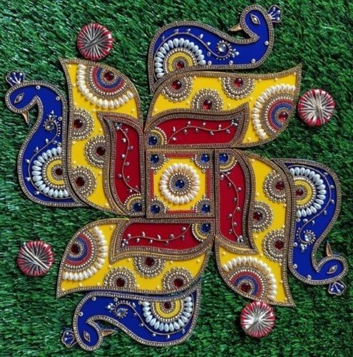 Kundan Door Entrance Reusable Embroidered Multicolor Designer Swastik Acrylic Rangoli For Festival