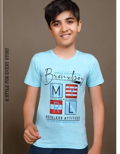 Sky Blue Printed Half Sleeves Cotton Hosiery T-Shirt, Comfortable And Soft For Boys 