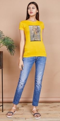 Yellow Printed Casual Cotton T-Shirt, Round Neck Comfortable And Soft For Ladies Age Group: Adults