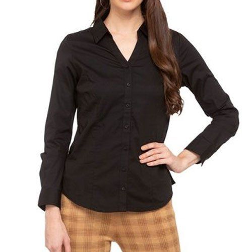 Black Color Full Sleeve Plain Pattern Ladies Shirts For Casual And Office Wear Collar Style: Straight