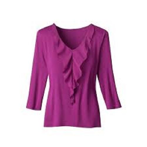 Plain Casual Wear Lightweight Stylish V Neck 3-4Th Sleeves Purple Ladies Top