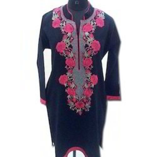 Quick Dry Navy Blue Color Full Sleeve Printed Pattern Ladies Kurti For Casual Wear