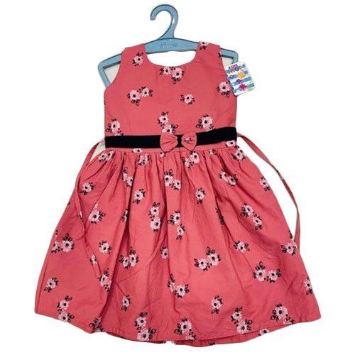 Sleeveless Printed Pattern Pink Color Pure Cotton Casual Wear Kids Frocks