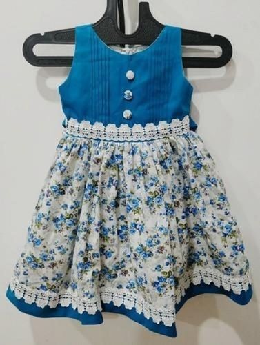 No Fade White And Blue Color Pure Cotton Sleeveless Kids Frocks For Party Wear