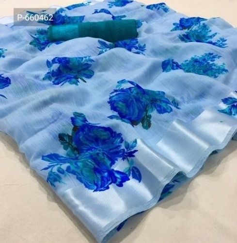 Blue Color Organza Thread Embroidery Fabric By Fav Coure With Flower Pattern