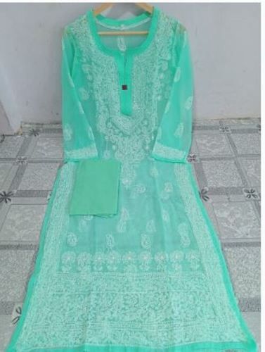 Lucknowi Shiffon Fabric Gaala Booti Sky Blue Chikan Kurti For Casual Wear Decoration Material: Paint