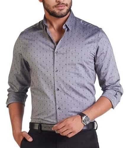 Appealing Look Formal Wear Breathable Long Sleeves Gray Printed Cotton Mens Shirt