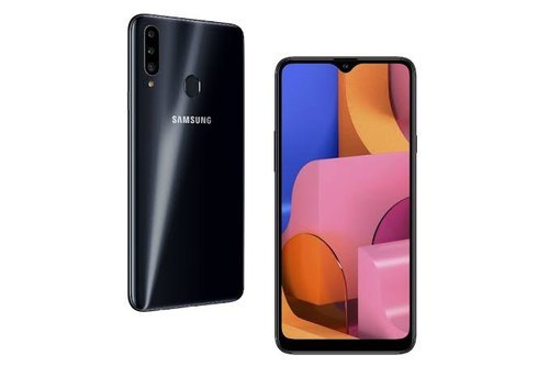 Black Metal and Glass SAMSUNG A20 Smart Mobile Phone - 5 Inch HD Touchscreen Display, 8MP Rear and 2MP Front Camera, Long-Lasting Battery, Android OS