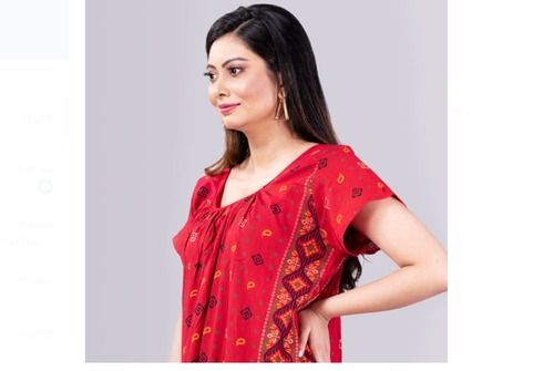 Plain Half Sleeve V Neck Red Color Cotton Printed Modern Nighty For Women