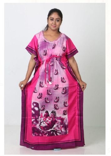 100% Cotton Printed Short Sleeve Kaftan Pink Nighty For Ladies Wear Size: Medium