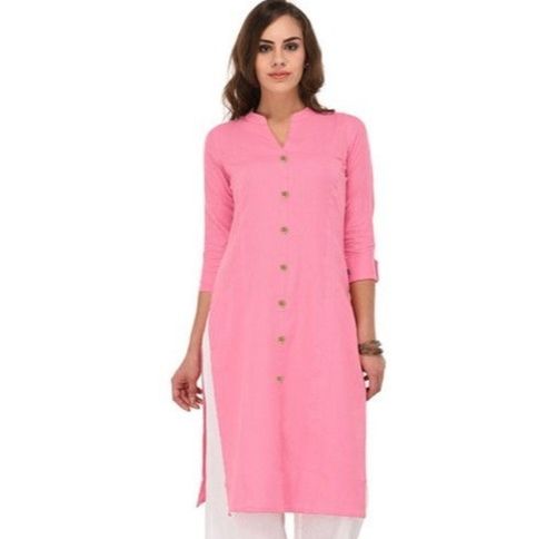3/4th Sleeve Beautifully Designed Super Soft Pure Cotton Pink Ladies Kurta 