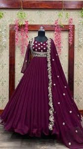 Ladies Full Sleeves Purple Georgette Gown With Cording Embroidery Work Decoration Material: Stones