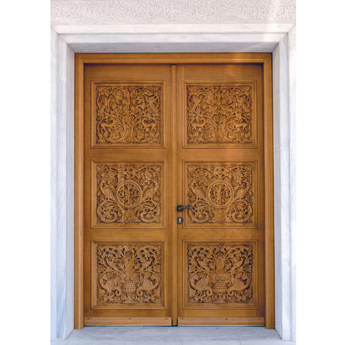 Light Brown Rectangle Designer Carved Wooden Hinge Double Door, Termite Proof Size 7X3 Feet Door Type: Entry Doors