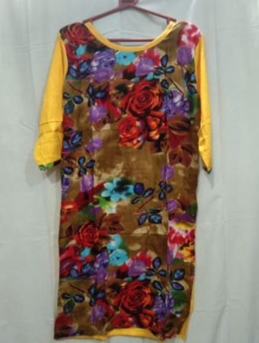 आरामदायक और धोने योग्य महिलाओं के लिए कैज़ुअल वियर राउंड नेक प्रिंटेड रेयॉन कुर्ती का साइज़: 35-36 इंच (इंच)