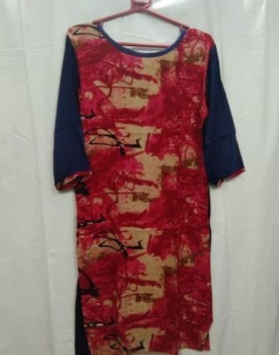 Casual Wear Round Neck Rayon Printed Kurti For Ladies With 3-4th Sleeves