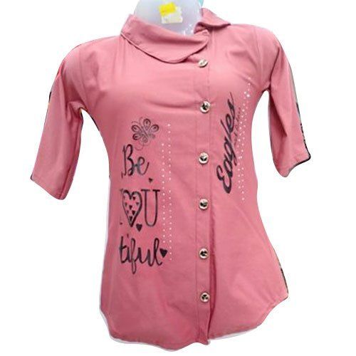 Chiffon Peach Twill Fabric Collar Neck And Button Closure Casual 3-4Th Sleeve Printed Ladies Top