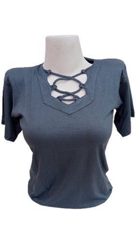 Half Sleeve Casual Wear Plain Grey Cotton Top For Ladies