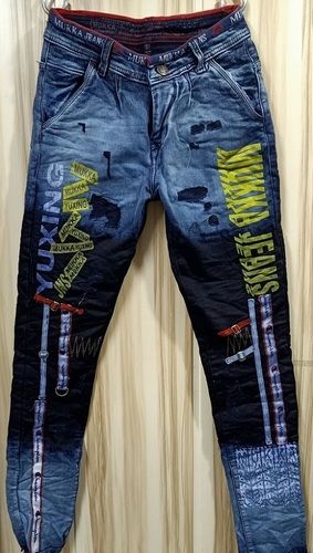 Men Stretchable And Comfortable Stylish Casual Wear Dark Blue Printed Denim Jeans