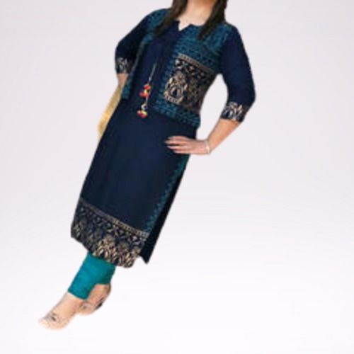 Nevy Blue Embroidered Full Sleeve V Neck Cotton Rayon Ladies Kurtis With Jacket