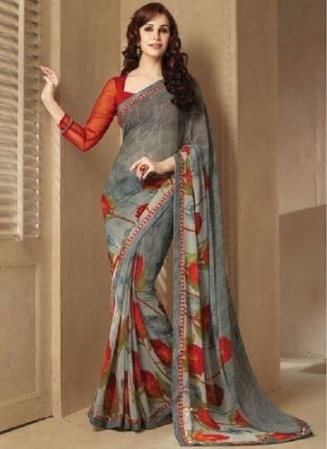 Grey And Red 100% Pure Cotton Georgette Fancy Printed Saree With Blouse Piece Set