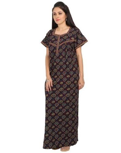 Black Short Sleeves 100% Pure Cotton Ladies Printed Nighty With Medium And Large Size