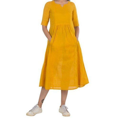 Breathable Short Sleeves Yellow Plain Cotton Kurti For Ladies